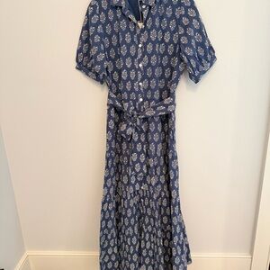 MAREA by Liz Joy short sleeve Maxi Dress in blue indigo print, size Small